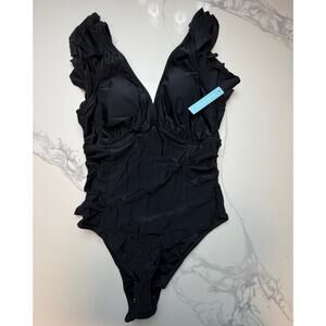 NWT Black Ruffle Deep V One Piece Swimsuit Medium